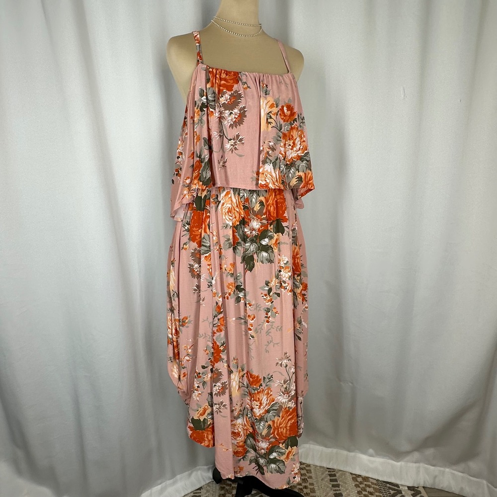 April Cornell Pink Floral Tiered Maxi Dress Size L Adjustable Straps Boho